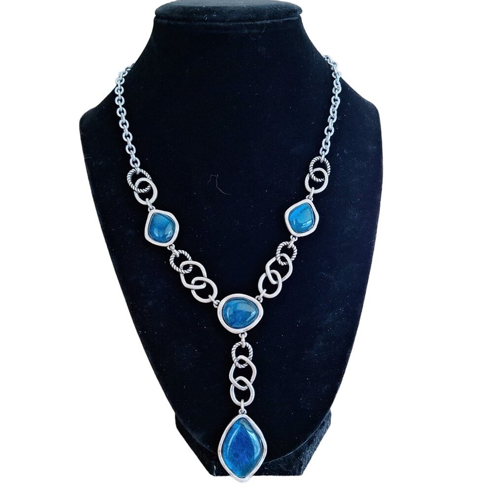 AVON Ocean Blue Faux Art Glass Cabochons Y Drop Necklace Signed NRQ